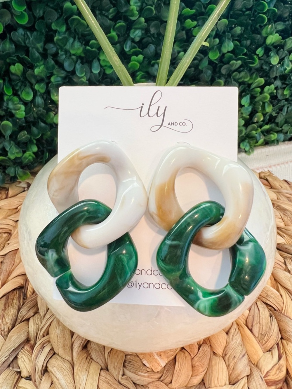 New Chunky Linked Resin Earrings in Cream and Forest Green | Lightweight